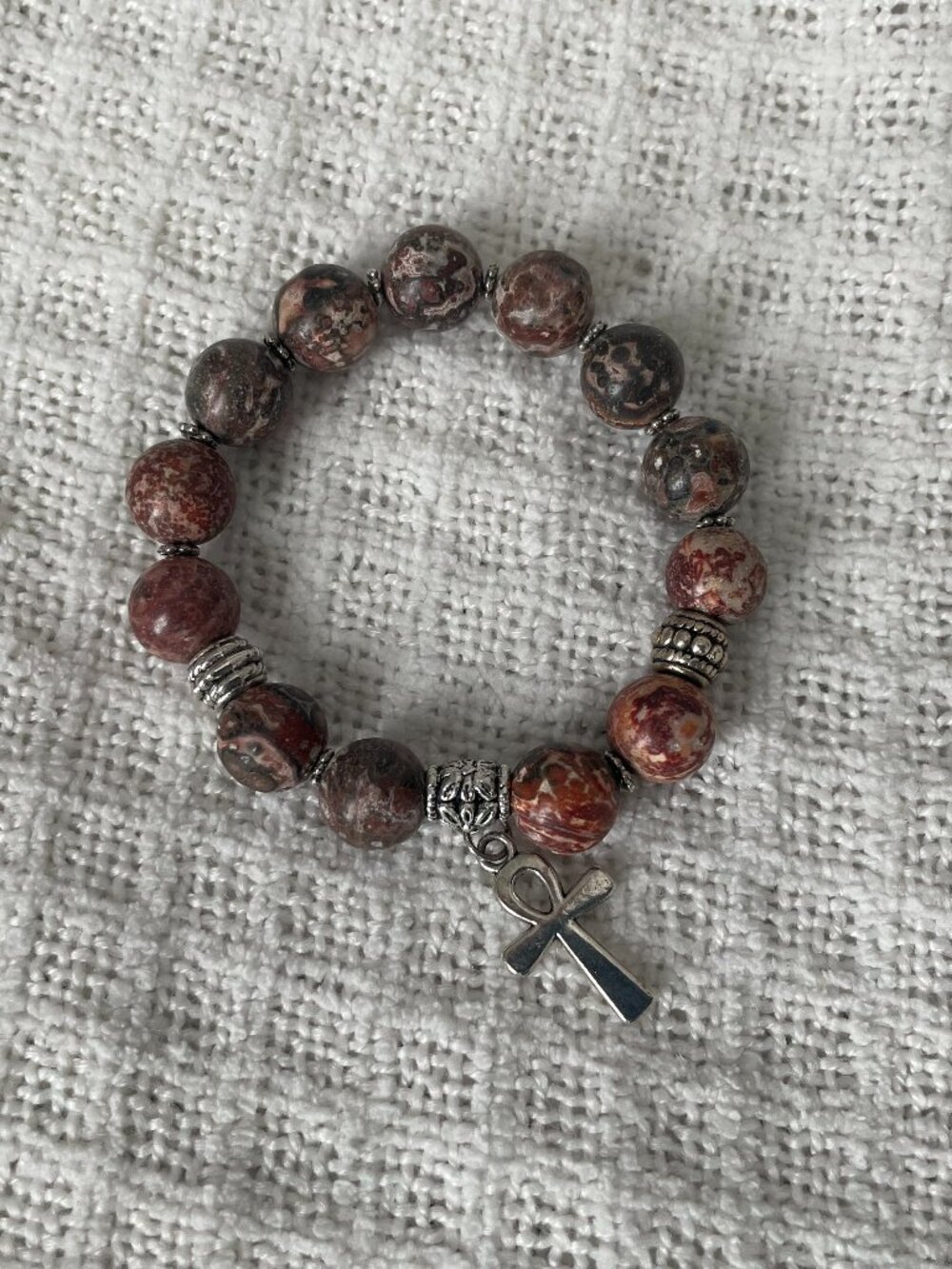 Stone Beaded Bracelet – Silver Ankh Charm – Stretch Style 6 in